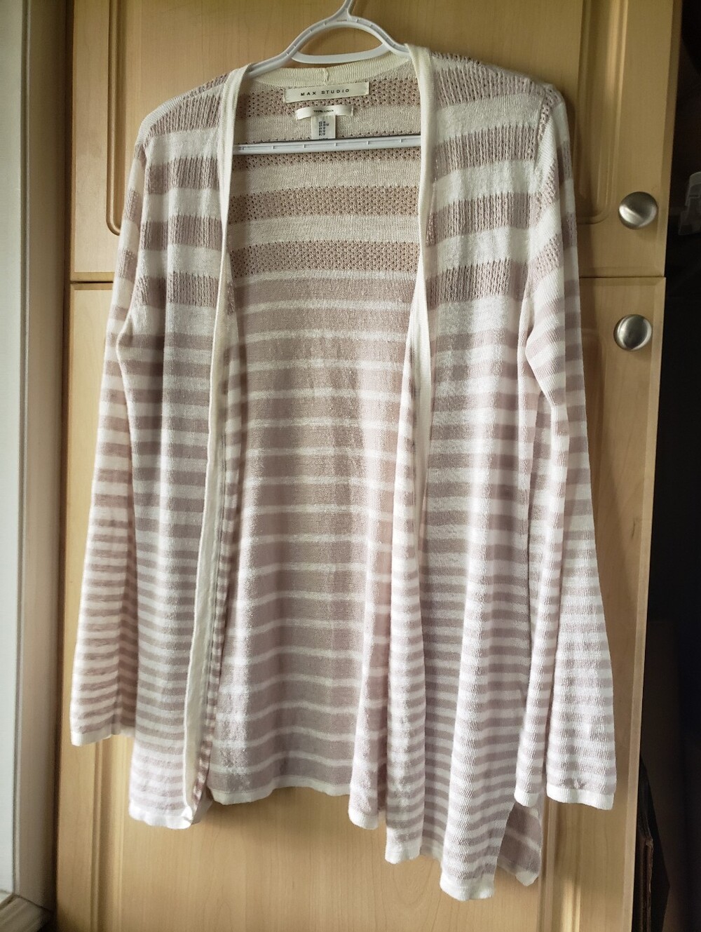 Max Studio Linen Cream and Blush Striped Open-Front Cardigan